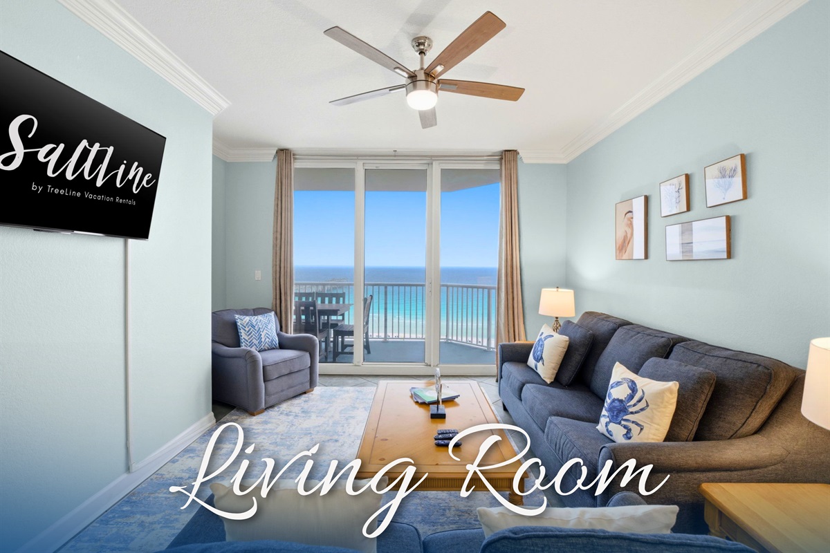 The bright and airy living room is the perfect spot to relax after a day at the beach.