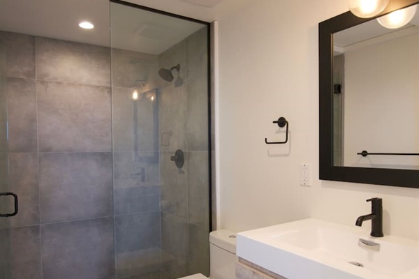 Fourth Bathroom: Modern shower and sink drawer for personal use.