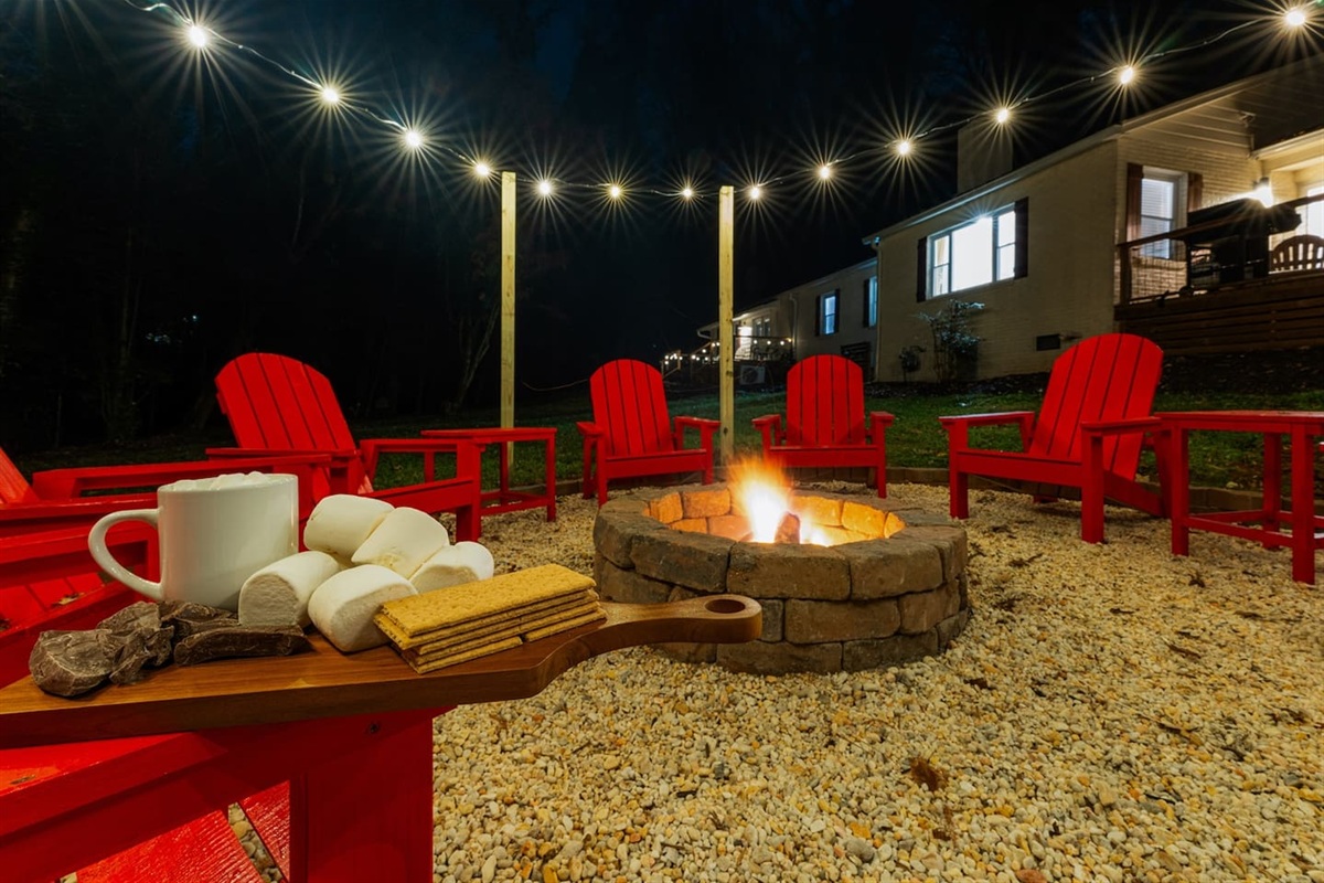 Enjoy unforgettable nights around the fire with cozy seating, string lights, and everything you need for the perfect s’mores experience.