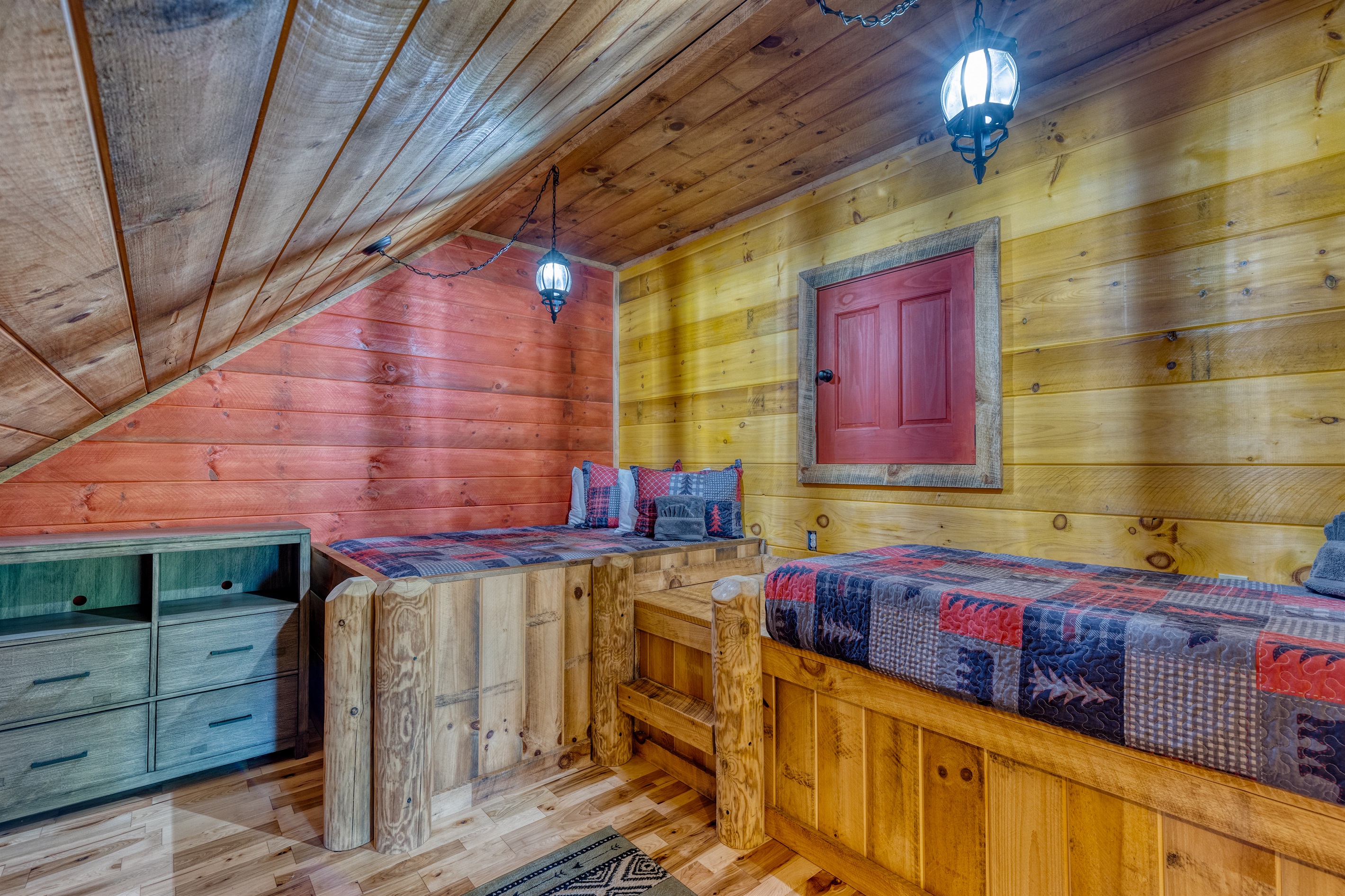 Sleeping loft for guests age 10+ has a full bed and twin bed.