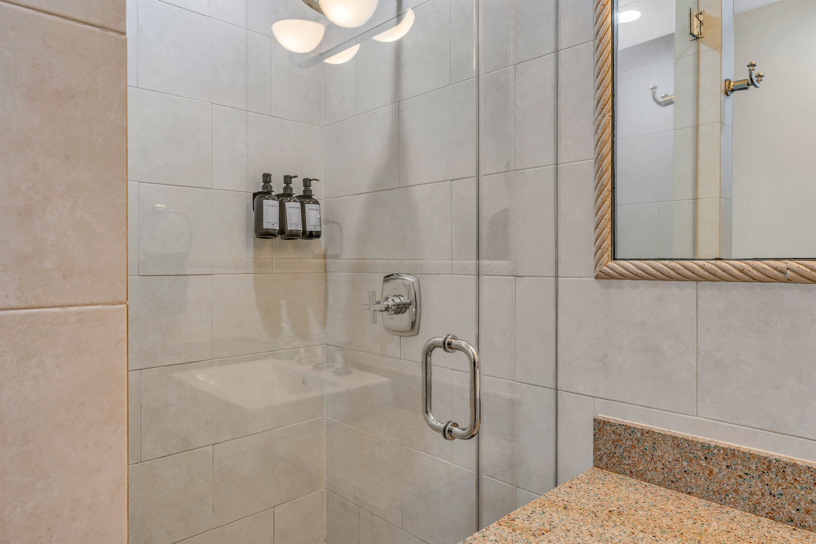 Luxury Shampoo, Conditioner, and Body wash included for your use.