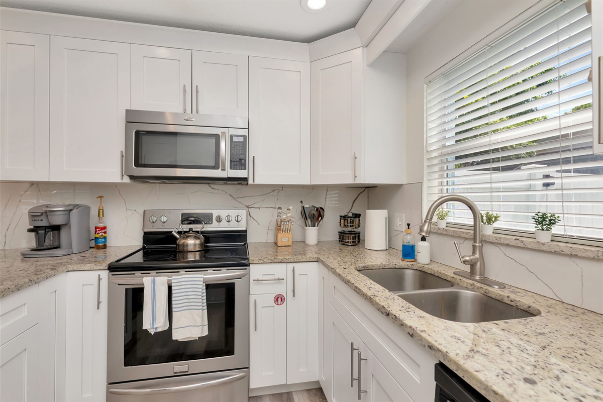 the kitchen has everything you need for a home meal at your home away from home!