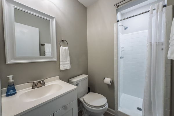 Private full bathroom at primary bedroom, walk in shower.