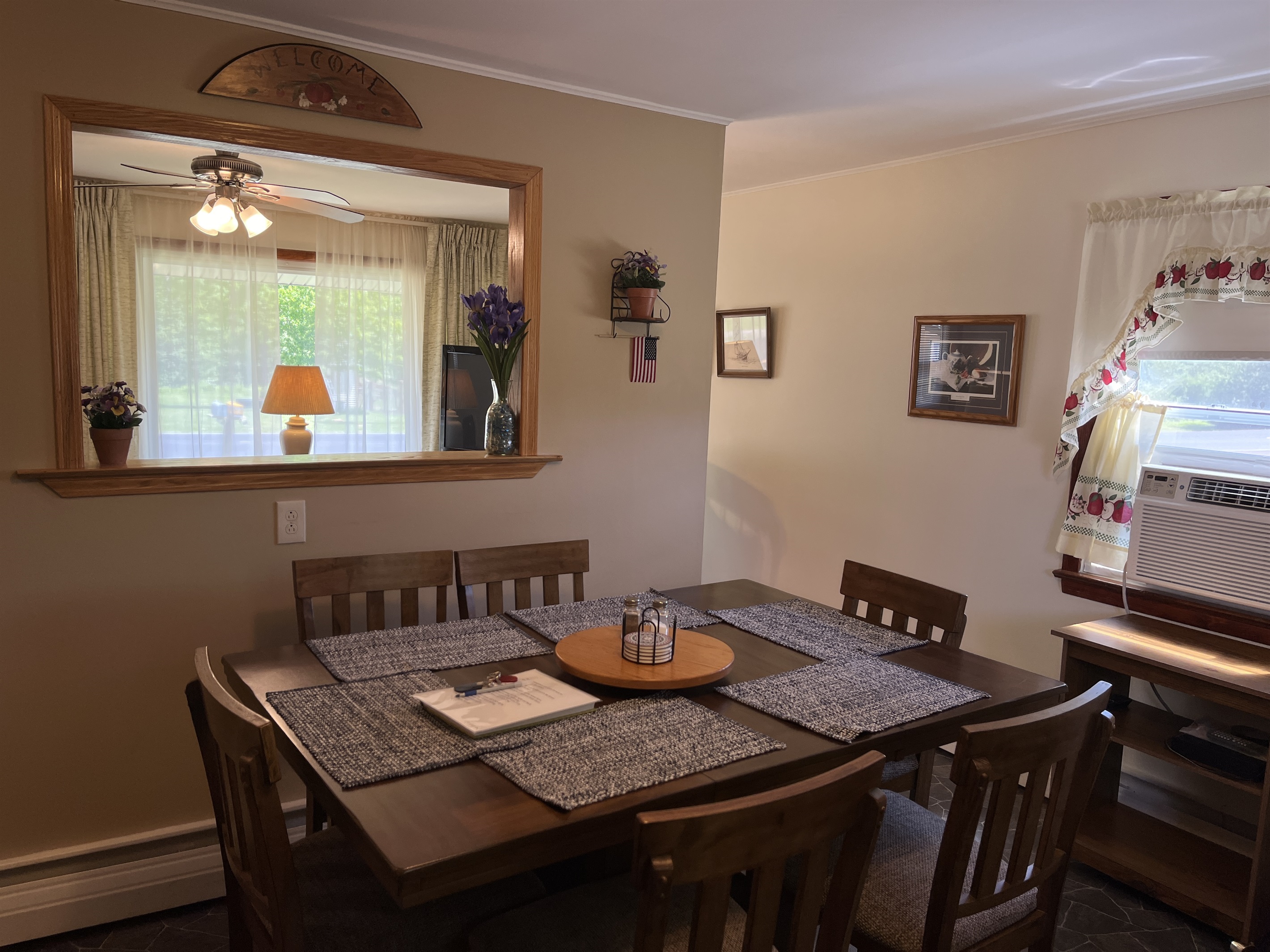 Kitchen with living room beyond