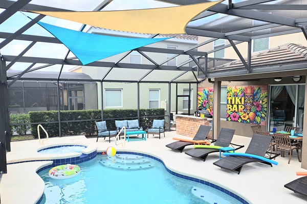 Sails over the pool provide an optional retreat from the sun when you're in the pool.