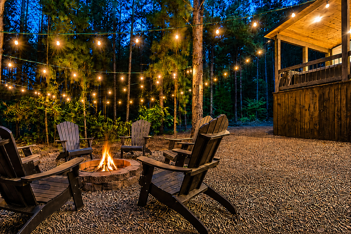 As the sun goes down, the forest gets quiet and the string lights begin to glow. Gather around the fire, settle into the Adirondacks, and enjoy peaceful nights that makes you forget about everything.