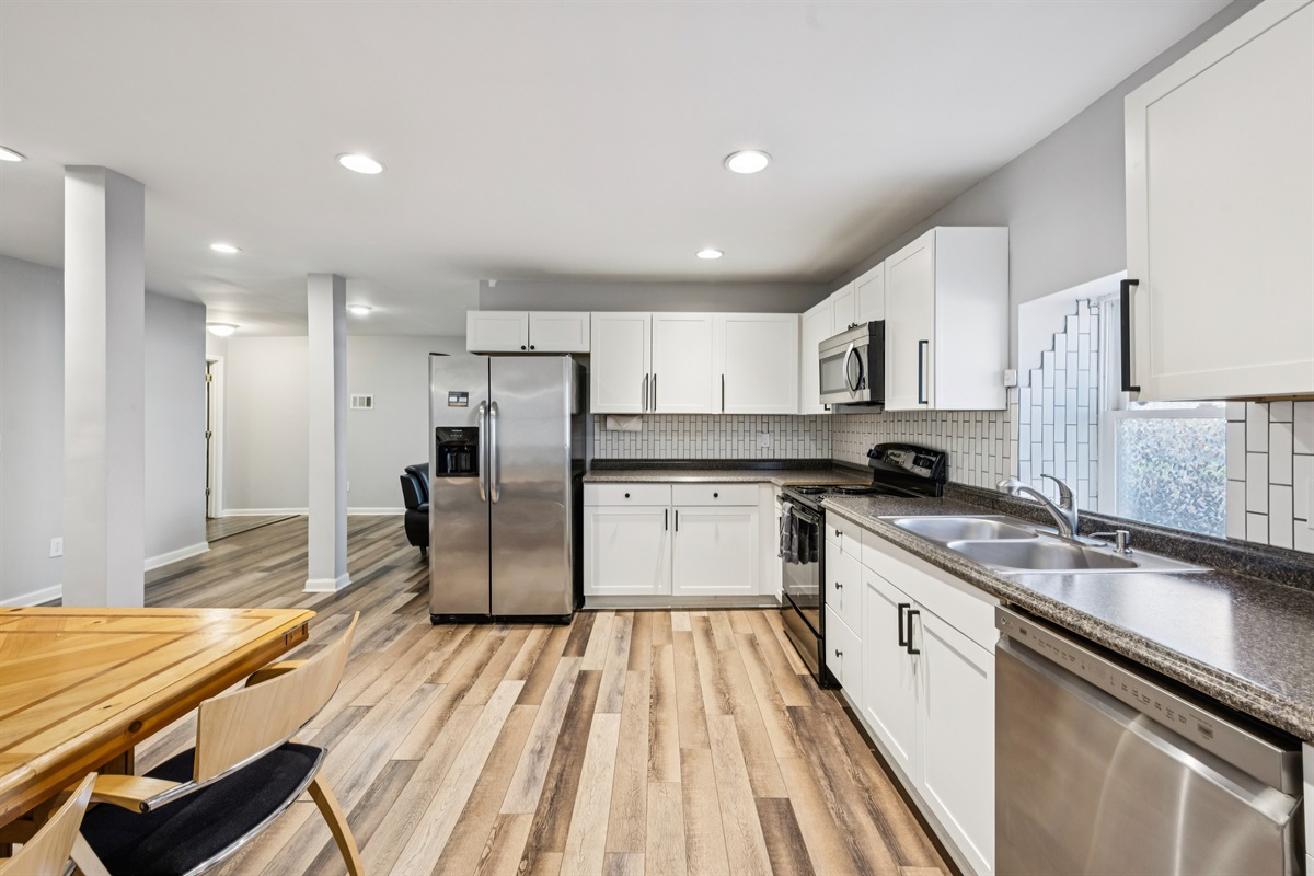 The lower floor has a fully stocked kitchen