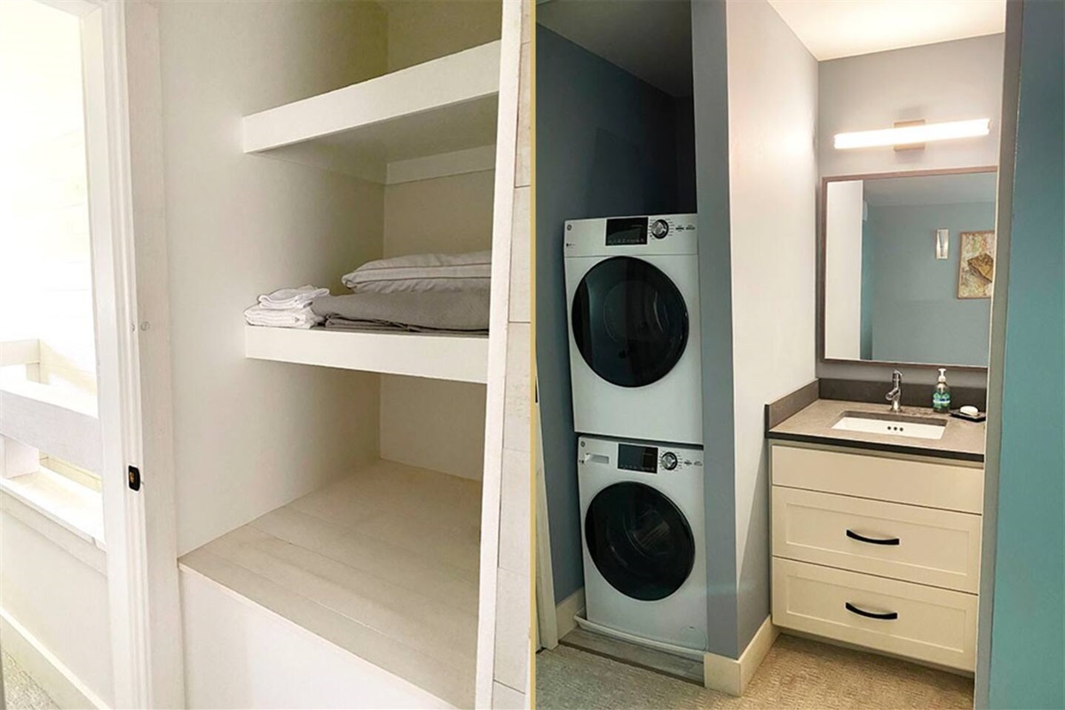 Storage shelves and washer dryer. 