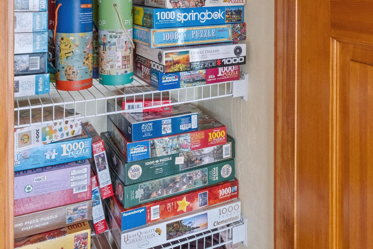 Puzzles inside sunroom great for nights in and relaxing while overlooking the lake.