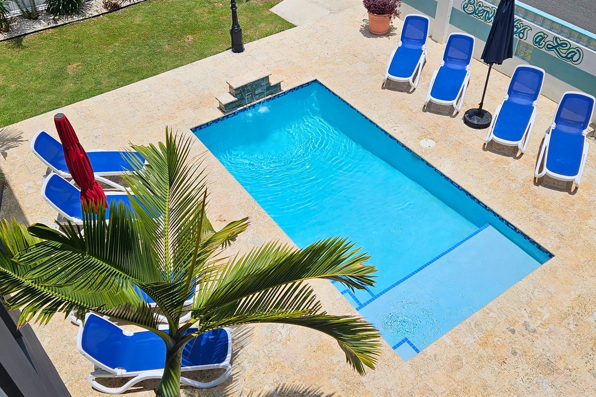 Patio Paradise: Relax by the pool with vibrant loungers and tropical vibes all around!