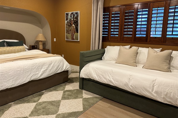 This additional twin day bed+trundle provides an additional sleeping arrangement for guests to group by families or spread out.