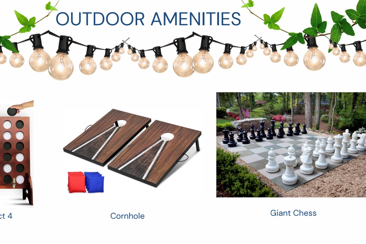 Elevate your outdoor stay with premium backyard games. Enjoy friendly competition with giant chess, professional cornhole boards, and oversized Connect 4. These top-tier outdoor amenities offer endless entertainment for families and groups.