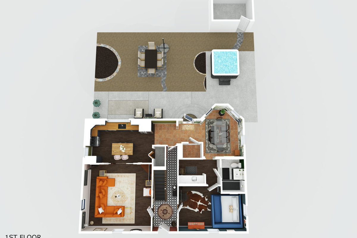 See exactly how the main level flows from the main level Queen bedroom and full bath, living, dining and kitchen spaces right out to your private backyard retreat with outdoor seating, fire pit and hot tub.