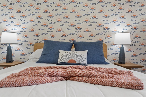 Serene wallpaper + fresh linens for peaceful nights