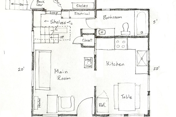 Floor Plan - main level.
Note that the queen size bed can easily be configured as two twin size beds.