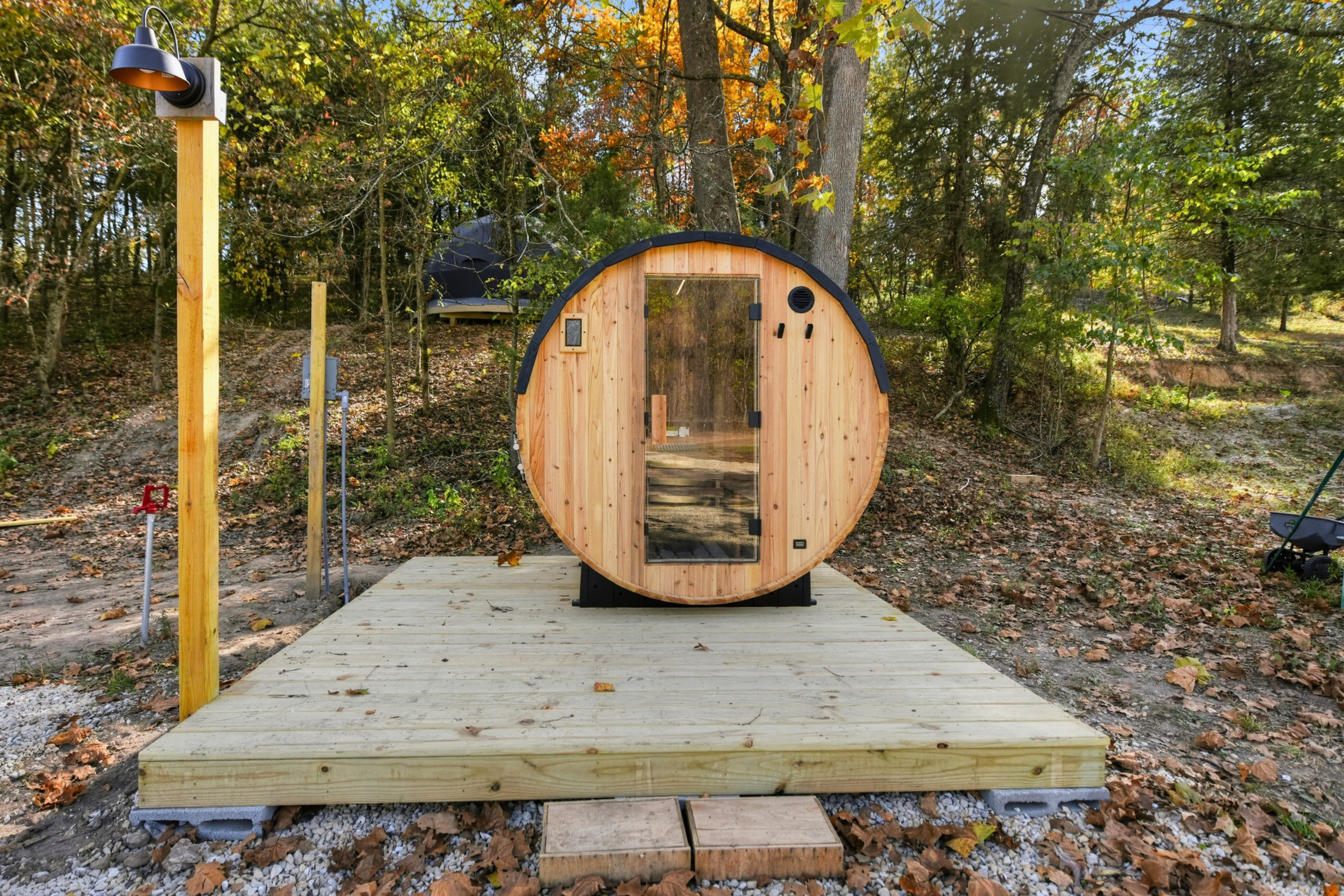Take a break from the outdoors and unwind in the property’s outdoor sauna.