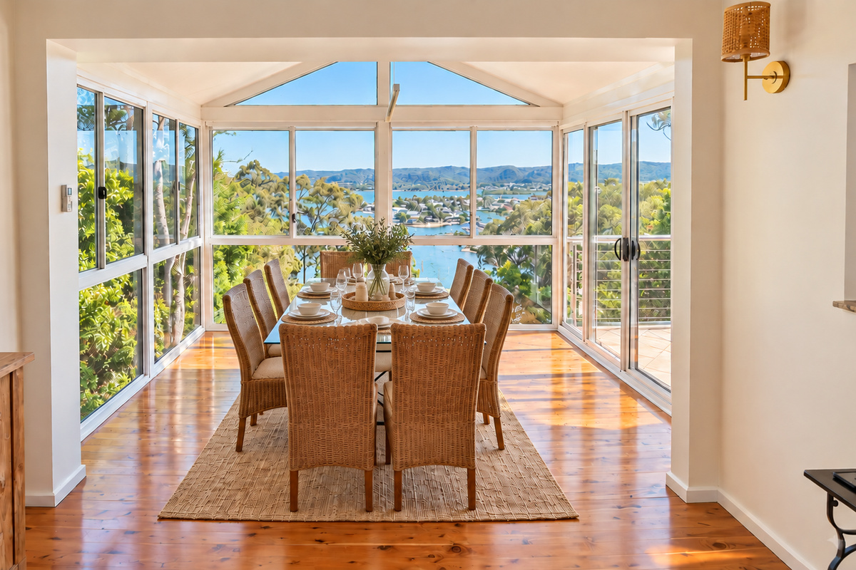 This spacious dining area brings the outdoors in with walls of glass, warm timber floors and a spectacular waterfront outlook. It is the perfect place to enjoy breakfast in the sunshine or dinner with family and friends.