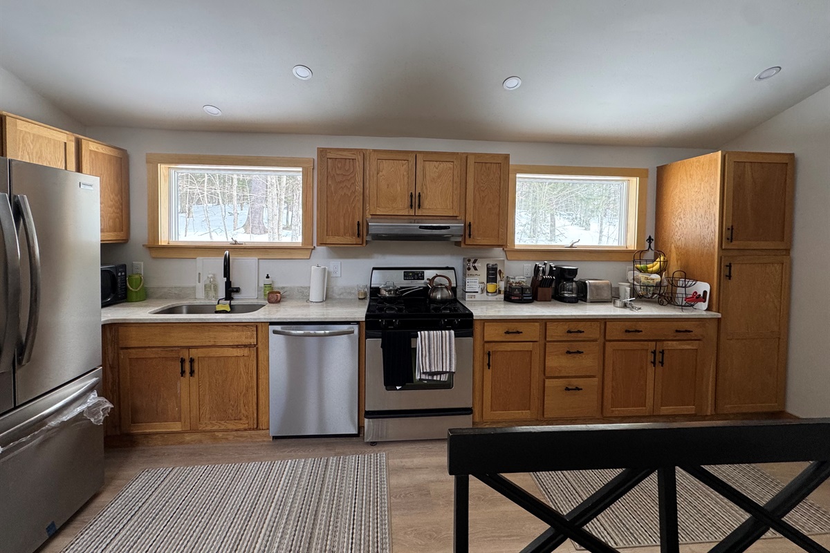 Fuel your Bethel adventures in our fully-equipped kitchen, bright, spacious, and ready for your favorite home-cooked meals.