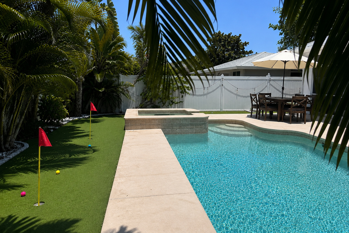 A private, resort-style setup with a pool, hot tub, and a multi-hole mini-golf course provides the perfect blend of entertainment and relaxation.