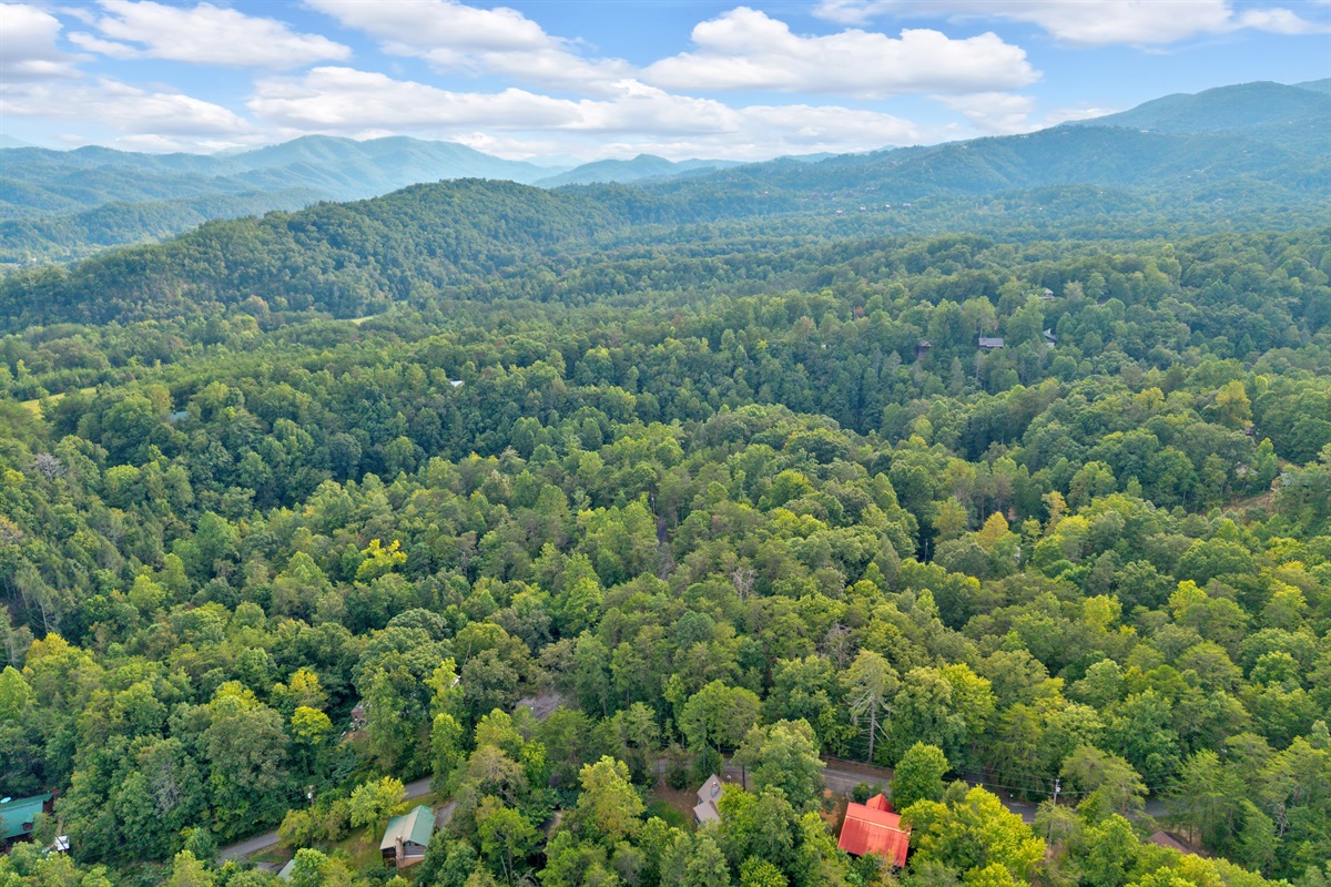 Cozy cabin setting surrounded by nature and neighboring cabins, perfect for a peaceful getaway