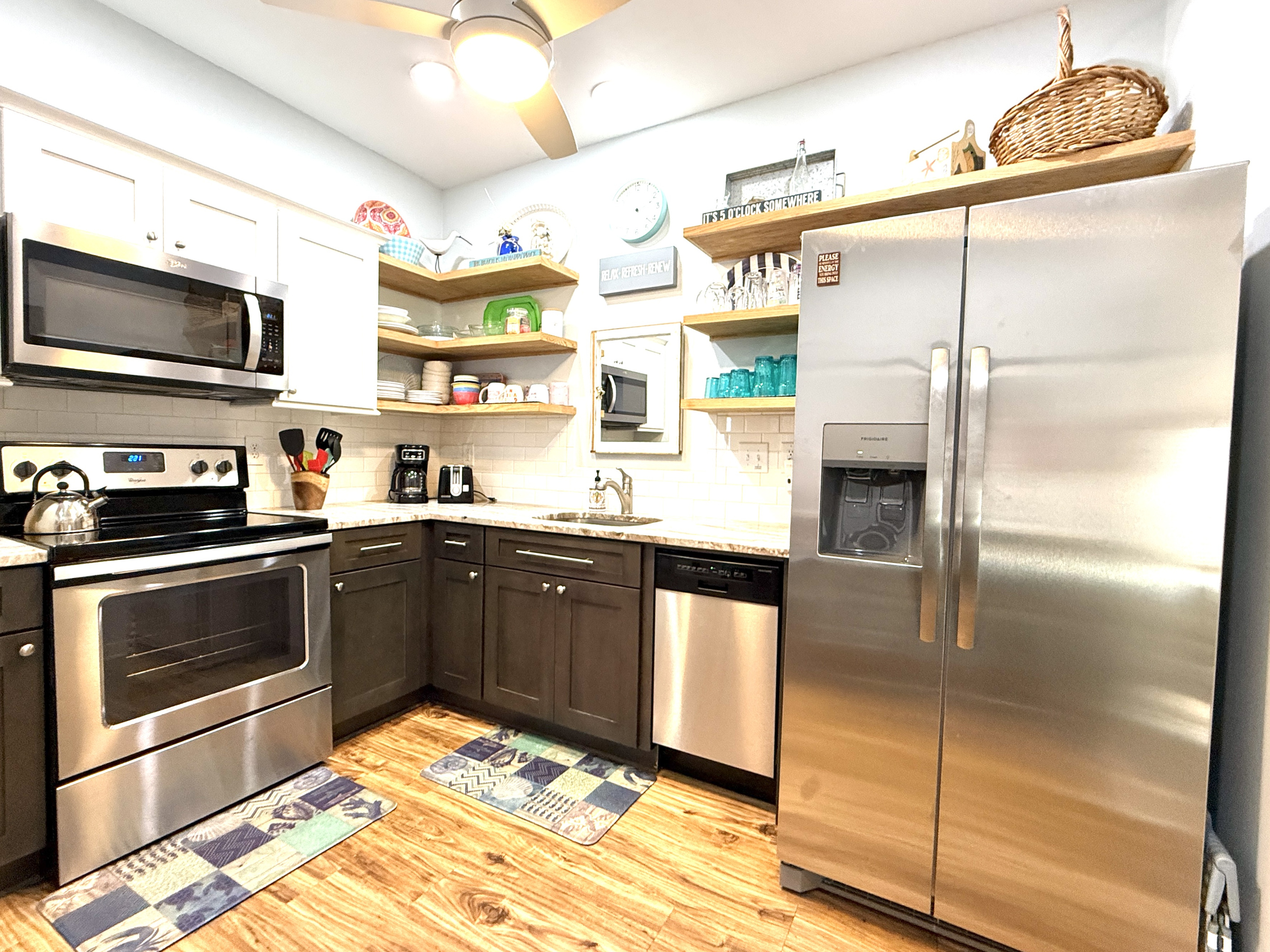 Kitchen with all essentials - pots, pans, dishes, utensils, bake ware...