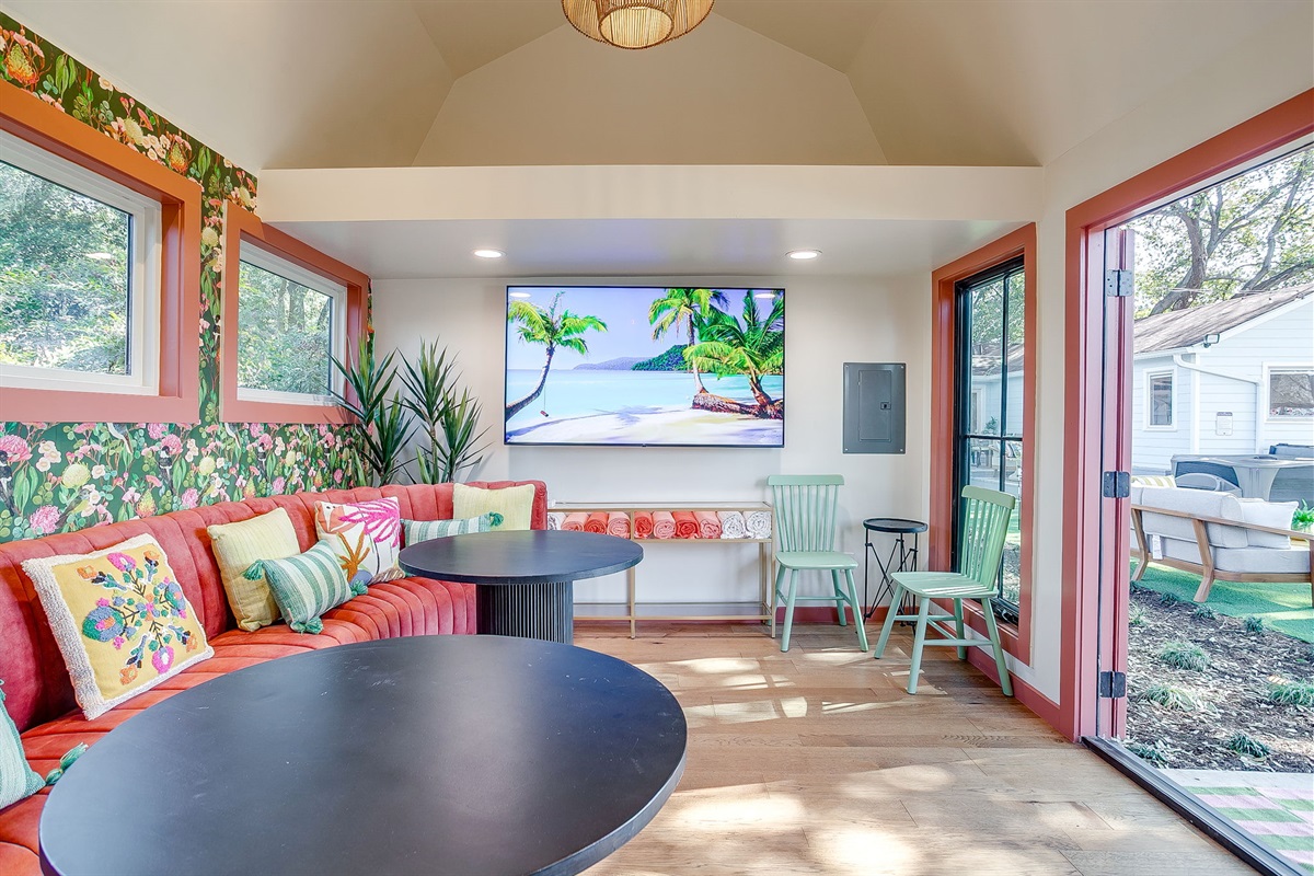 Pool house lounge designed for cocktails and mahjong nights