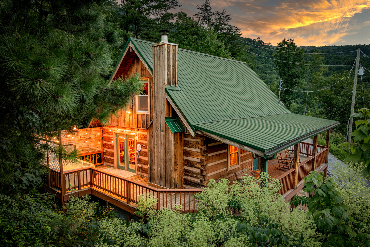 The cabin glows beautifully as the sun goes down