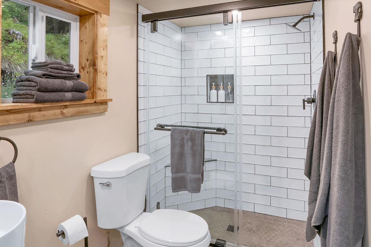 Full, modern bathroom with rain style shower head
