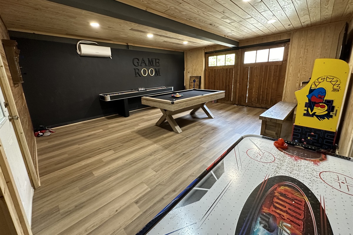 Game Room Packed with Fun: Pool Table, Shuffleboard, Dart Board, Arcade Games, Air Hockey, Cornhole & More!