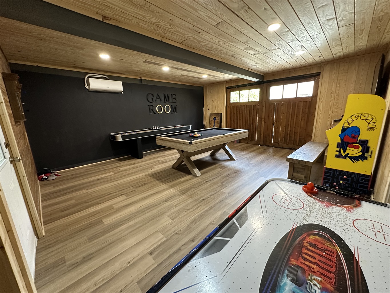 Game Room Packed with Fun: Pool Table, Shuffleboard, Dart Board, Arcade Games, Air Hockey, Cornhole & More!