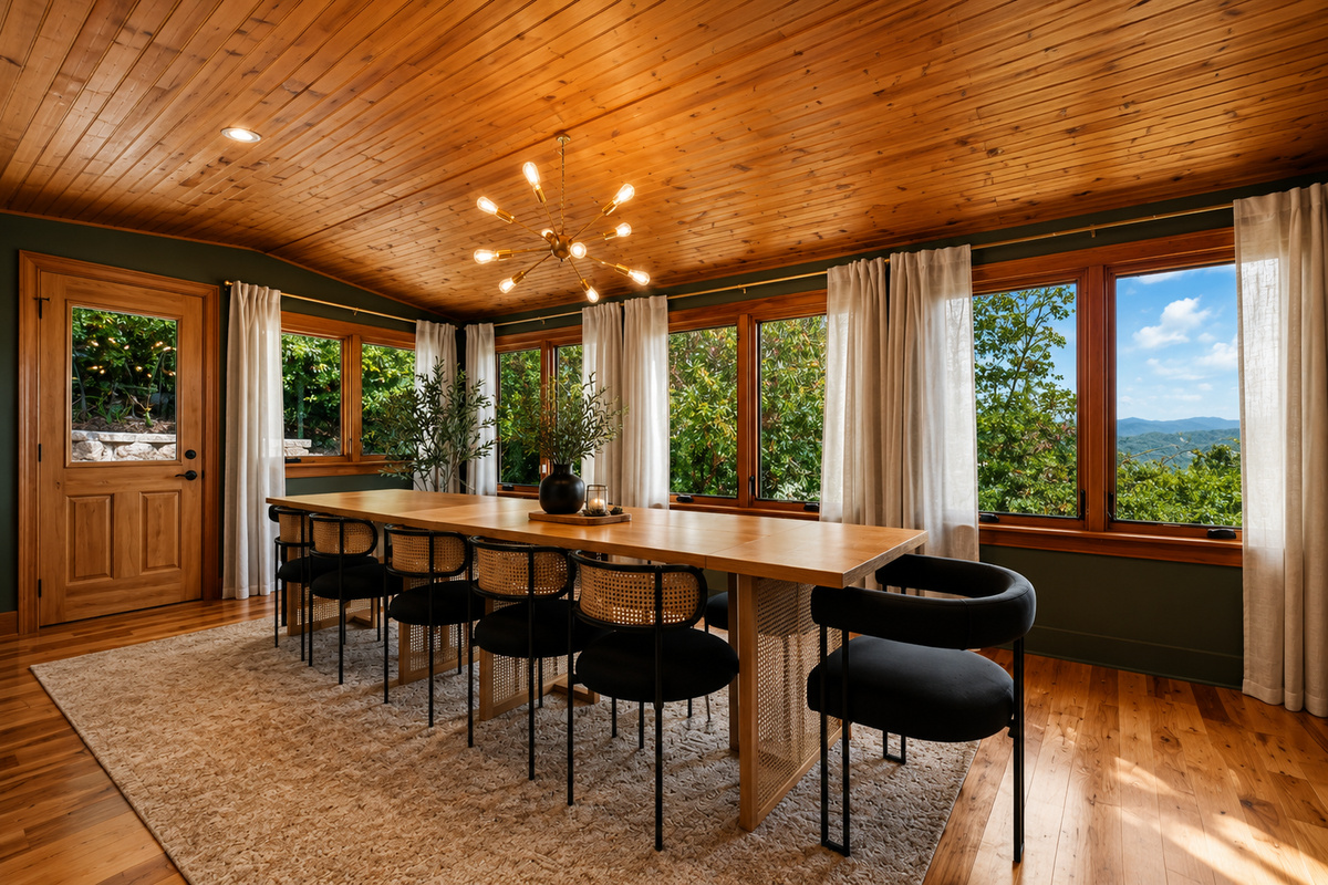 {Dining Room} Gather around the oversized dining table, framed by forest and mountain views, with seating for up to 16 guests plus additional seating in the kitchen.
