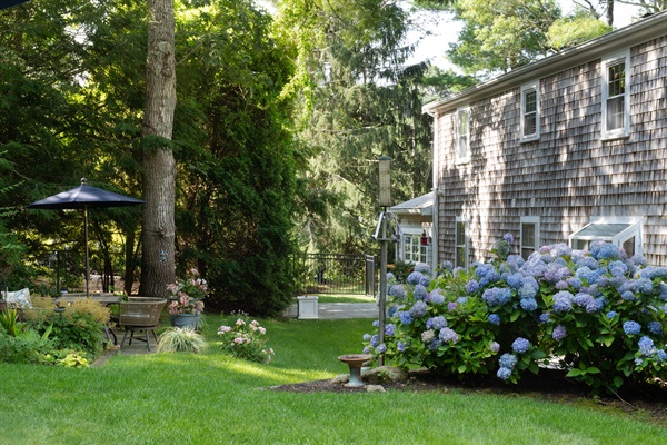Take in the beauty of the garden from this cozy outdoor seating spot.