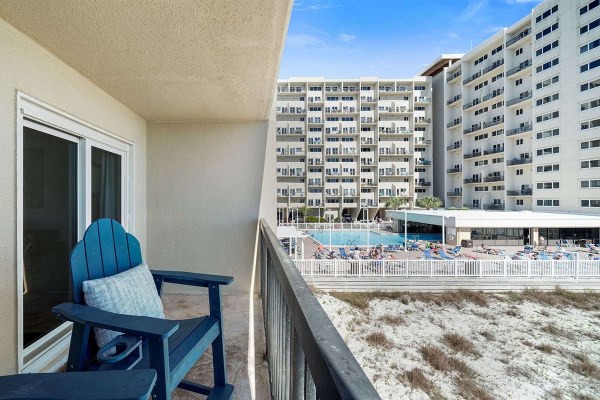 From the balcony, you have beach view and pool view of the indoor/outdoor pool