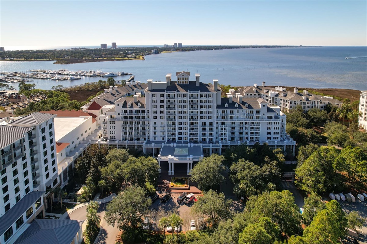 Ariel view of The Grand from the bayside of the SanDestin golf & Beach Resort.