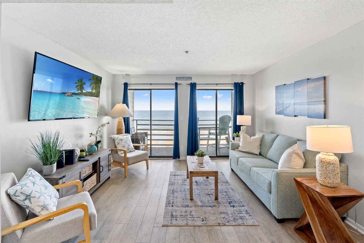 Oceanfront Living Room with balcony access