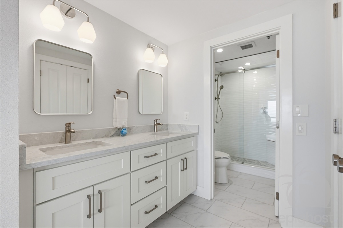 Master bath with walk-in shower and double vanity