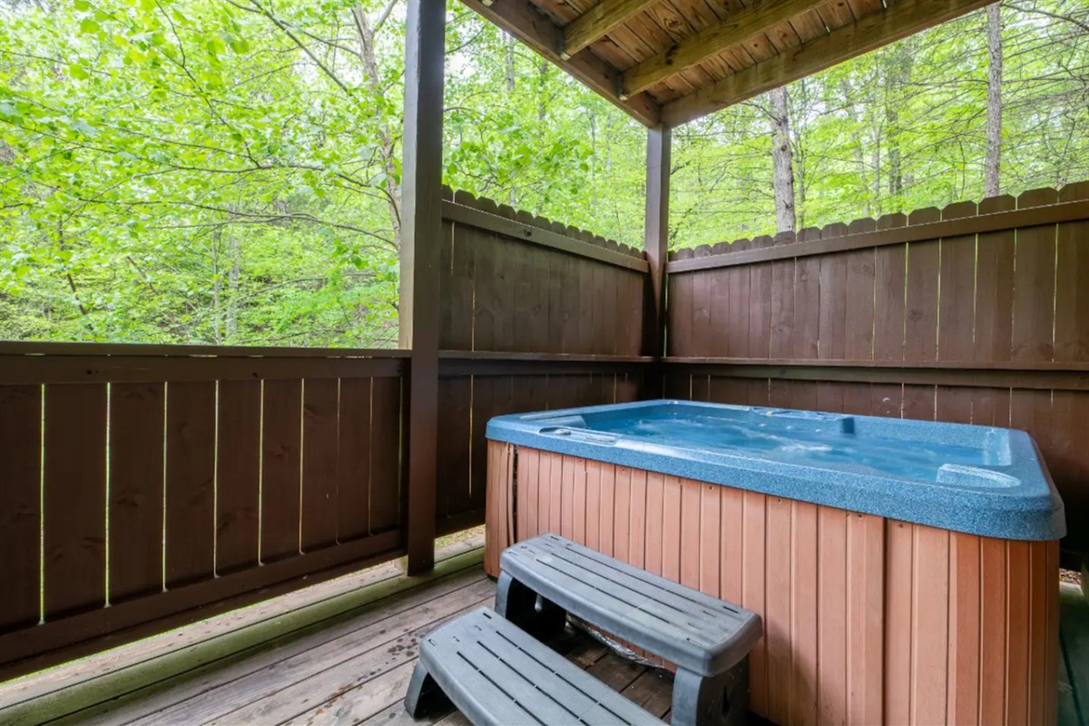 Melt away your stress in the hot tub while taking in the sounds of nature.