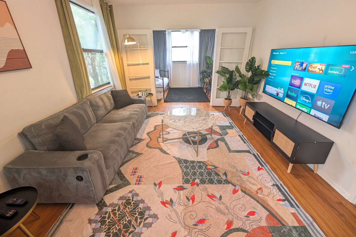 Comfy living room with 65" TV