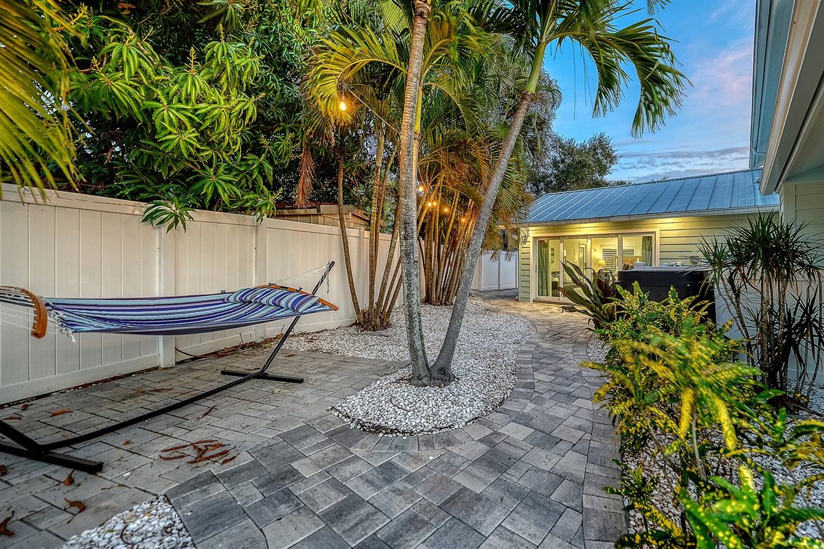 Private backyard with Privacy fence and hammock