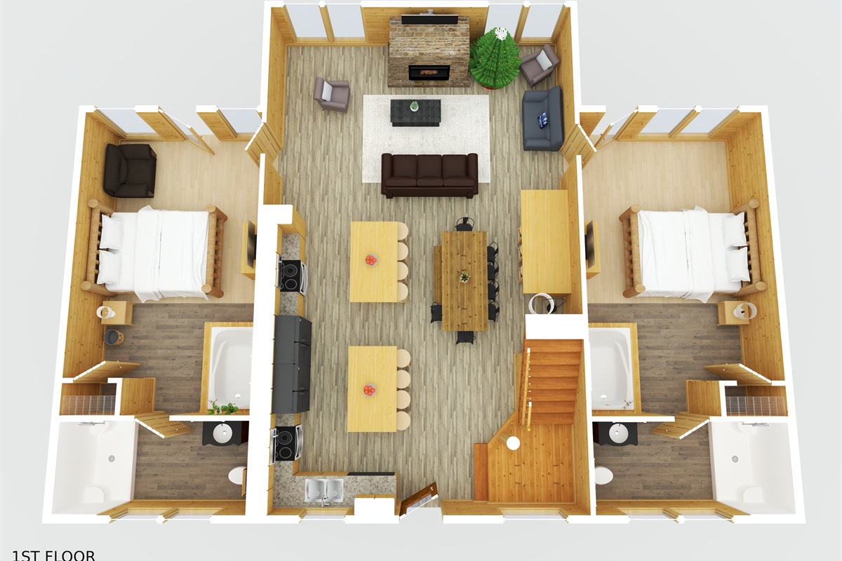 Main floor with two kings with en suite bathrooms and private decks. Living room with electric fireplace. Kitchen with double appliances and lots of table and bar seating. 