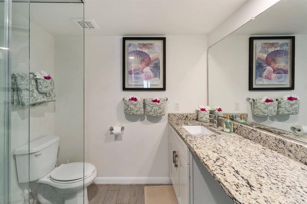 Bathroom is recently renovated with granite countertops, toilet and shower