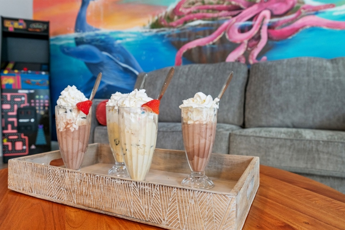 Milkshakes, Pac-Man, and a kraken on the wall — this is the fun room.