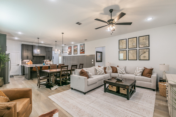 Open floor plan with living area and kitchen