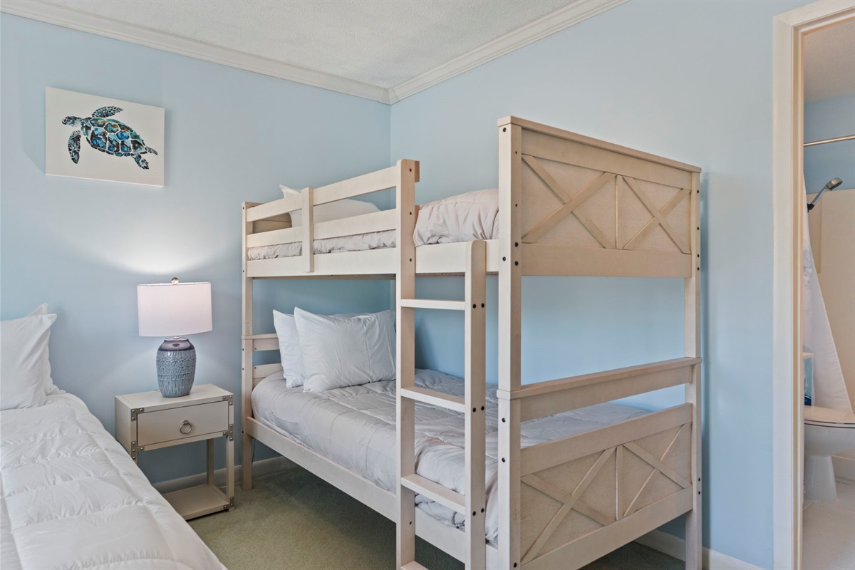 Second Bedroom features a Queen bed and Twin bunk bed & ensuite bathroom