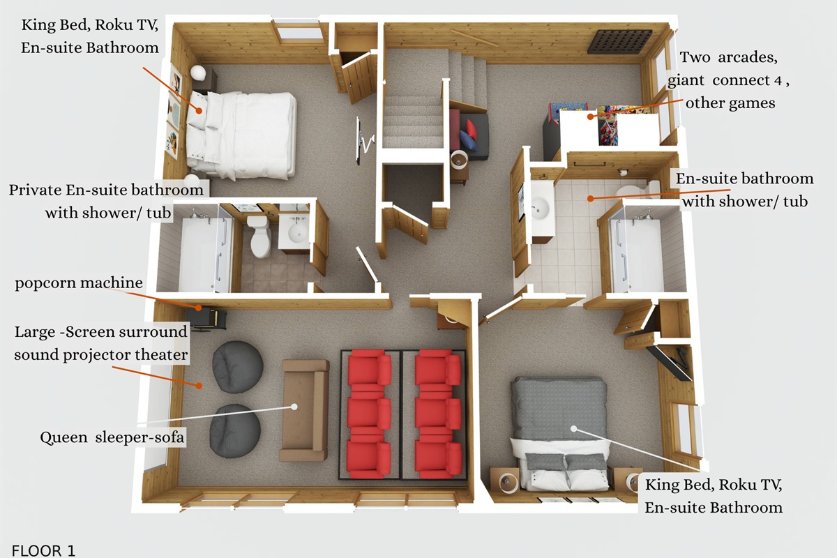 Lower level. two king suites, arcade with pac man and racing game, Large screen theater with theater seats, bean bag chairs and queen sleeper sofa.