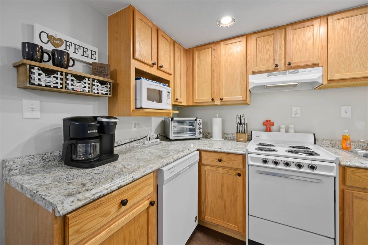 We have a fully equipped kitchen with all of the essentials to prepare meals at any time of the day. A Keurig Duo is our coffee make of choice!