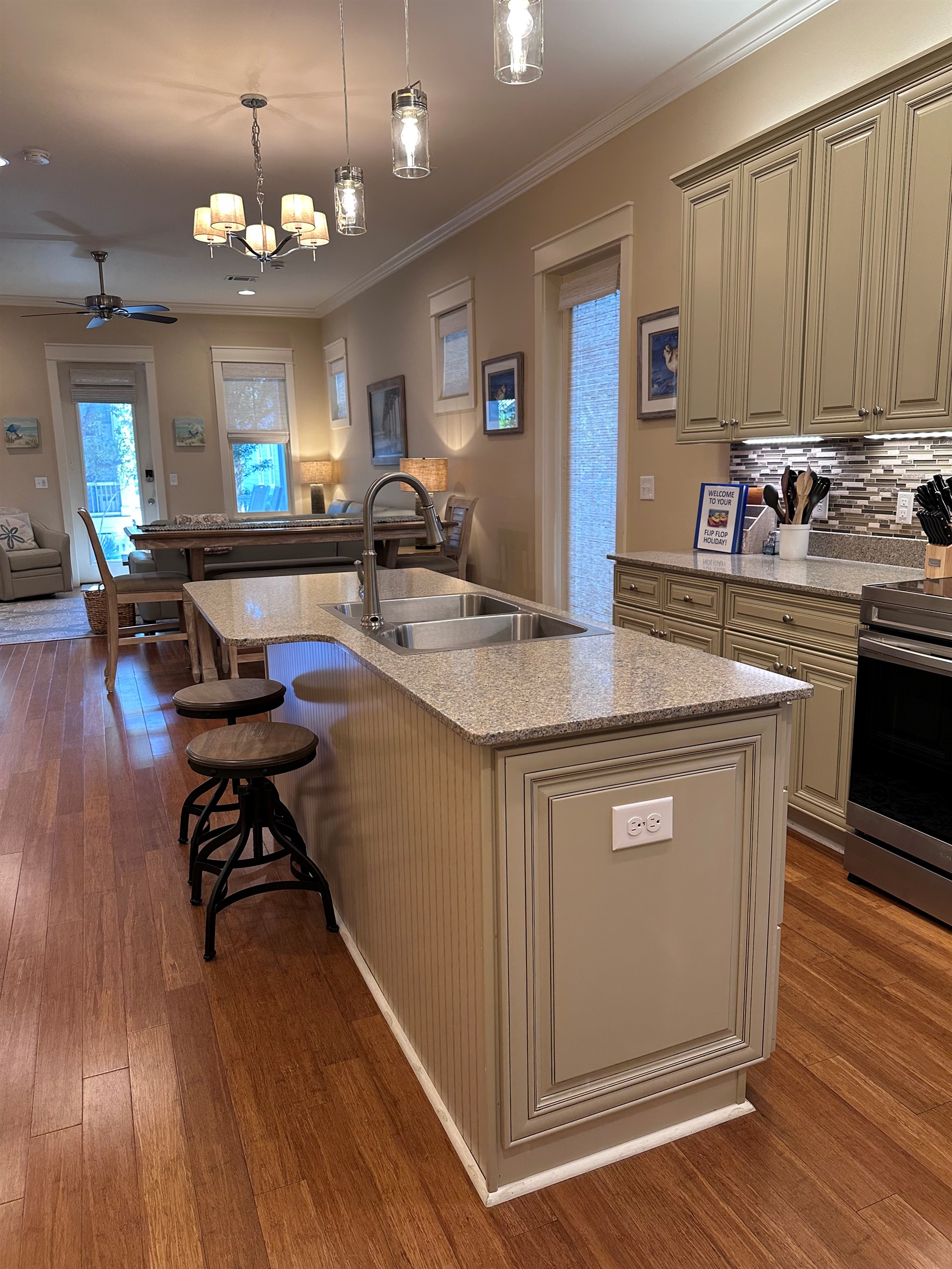 Kitchen Island, looking towards the front of the house, provides seating for 2 guests.