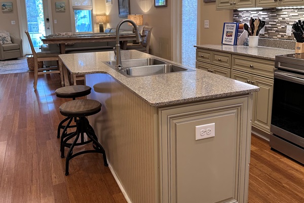 Kitchen Island, looking towards the front of the house, provides seating for 2.