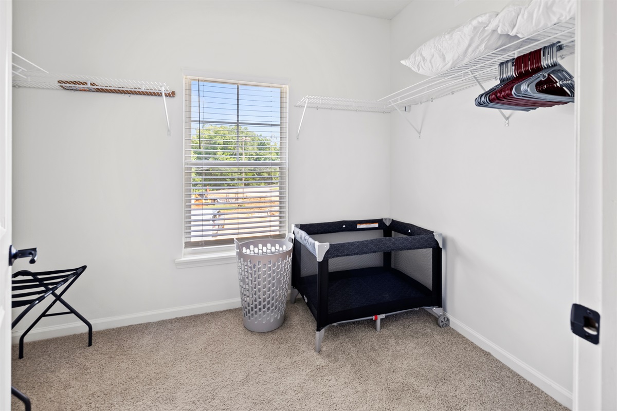 Plenty of closet space for clothes and travel bags. Pack and Play in unit.