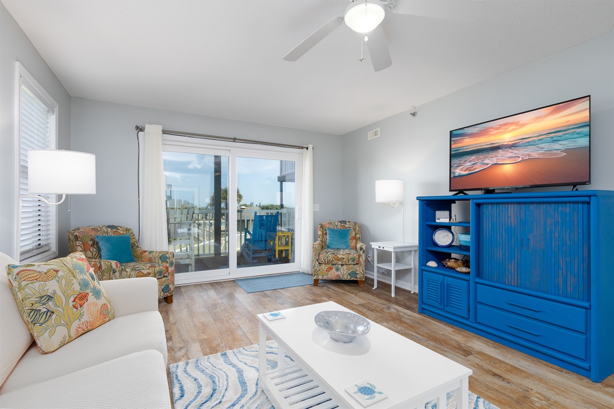 Inviting living room with stunning balcony views